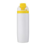 A drink bottle in white with a yellow lid and button, featuring a logo on the front.
