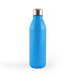 A drink bottle made of aluminum, featuring a sleek blue design and a metal screw-on lid.