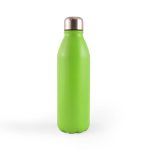 A drink bottle with a smooth green exterior and a silver metallic cap.