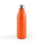 A drink bottle in a vibrant orange color with a stainless steel cap and a sleek, minimalist design.