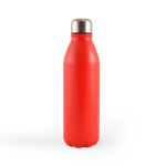 A drink bottle in a sleek red color with a stainless steel cap, featuring a smooth, matte finish.