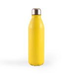 A drink bottle made of aluminum, featuring a vibrant yellow color and a stainless steel cap.