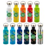 A drink bottle collection featuring various colors including white, yellow, orange, red, green, blue, black, and silver with branding.