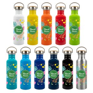 A drink bottle collection featuring various colors including white, yellow, orange, red, green, blue, black, and silver with branding.