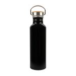 A drink bottle made of recycled aluminum, featuring a black finish and a metal handle with a cork top.