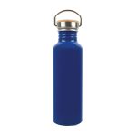 A drink bottle made of recycled aluminum, featuring a shiny blue finish and a silver metal cap with a handle.