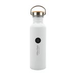 A drink bottle made of recycled aluminum featuring a white finish and a cork top, branded with the logo "Olive Oasis."
