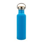A drink bottle made of recycled aluminum, featuring a vibrant blue finish and a metal lid with a wooden accent.