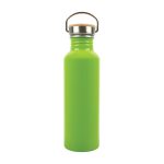 A drink bottle made of recycled aluminum with a vibrant green finish and a metal cap featuring a wooden handle.