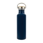 A drink bottle made of recycled aluminum with a navy blue finish and a wooden cork lid.