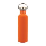 A drink bottle made of recycled aluminum in a vibrant orange color, featuring a stainless steel cap and a sturdy handle.