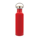 A drink bottle made from recycled aluminum, featuring a vibrant red finish and a cork lid with a metal handle.
