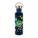 A drink bottle in navy blue, featuring a floral design and a metal cap, with a logo on the front.