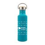 A drink bottle in turquoise with a stainless steel lid and a logo prominently displayed on the front.