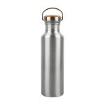 A drink bottle made of recycled aluminium featuring a sleek silver finish and a cork stopper with a metal handle.