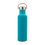 A drink bottle made of recycled aluminum, featuring a vibrant turquoise finish and a stainless steel lid with a handle.