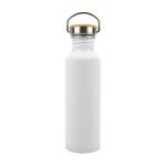 A drink bottle made of recycled aluminum with a white finish and a wooden top.