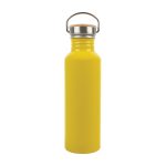A drink bottle made of recycled aluminium, featuring a vibrant yellow finish and a metal lid with a cork accent.