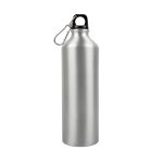 A drink bottle made of aluminum with a sleek silver finish and a black cap featuring a carabiner.