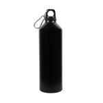 A drink bottle made of aluminum, featuring a sleek black finish and a metal carabiner for easy attachment.