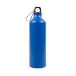 A drink bottle featuring a sleek blue aluminum design with a secure cap and a convenient carabiner attachment.