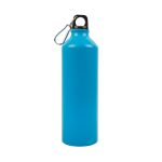 A drink bottle in vibrant blue, featuring a black top and a metal carabiner for easy attachment.