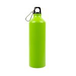 A drink bottle in a vibrant green color, featuring an aluminum design and a black cap with a carabiner attachment.