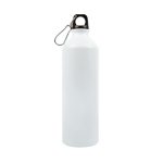 A drink bottle made of aluminum with a sleek white finish and a black lid featuring a sturdy handle.