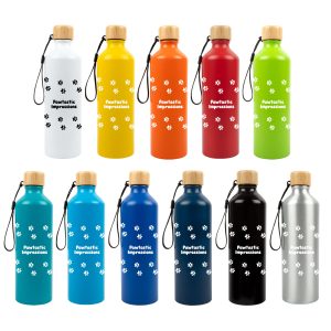 A drink bottle collection featuring various colors with bamboo lids and a logo. Available in white, yellow, orange, red, green, blue, navy, and silver.