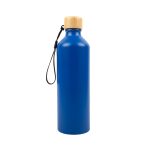 A drink bottle in blue aluminum with a bamboo lid and a black strap. Features a logo on the surface.