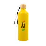 A drink bottle in bright yellow with a bamboo lid and a logo. It features a slim design and a carry strap.