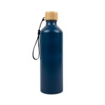 A drink bottle featuring a sleek blue aluminum design with a bamboo lid and a convenient carrying strap.