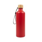 A drink bottle featuring a sleek red aluminum design and a bamboo lid. The bottle includes a convenient carrying strap.