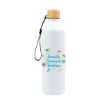 A drink bottle in white with a bamboo lid and a logo. Features colorful graphics of palm trees and beach-related elements.