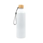 A drink bottle made of aluminium with a sleek white finish and a bamboo lid, featuring a convenient strap.