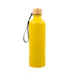 A drink bottle in bright yellow featuring a bamboo lid and a carrying strap. Includes a logo on the surface.