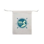 A cream drawstring pouch featuring a surfboard design and a logo. It has a simple, beach-themed aesthetic.