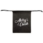 A black drawstring pouch with a logo featuring nautical elements and the text "Ahoy Creek."