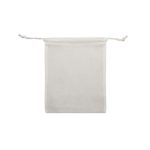 A white drawstring pouch with a simple design and a cord closure, suitable for various small items.