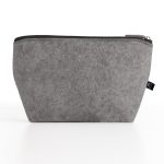 A grey felt pouch with a zipper, featuring a logo. Ideal for storing toiletries and accessories.