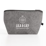 A grey felt pouch featuring a logo, ideal for organising toiletries and accessories.