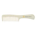 A hair comb in a speckled white design with a sleek handle and a branding logo on the side.