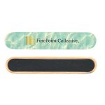 A nail file with a turquoise water design and a black sanding surface, featuring a logo on one side.