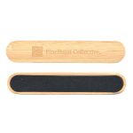 A bamboo nail file with a smooth wood exterior and a textured black filing surface; features a logo.