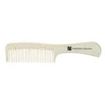A white comb with a textured finish and a logo on the handle.