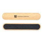 A bamboo nail file featuring a dark sanding surface and a logo. The design is sleek and minimalist.