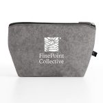 A grey cosmetic pack featuring a branding logo, with a structured design and zip closure.