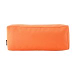 An orange rectangular utility case with a smooth fabric texture and a branding logo.