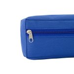 A blue utility case featuring a zip closure and a textured fabric. It has a logo on the side.