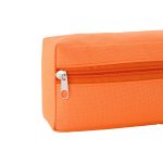 An orange utility case with a zippered pocket, featuring a textured fabric. It has a rectangular shape and a simple design.